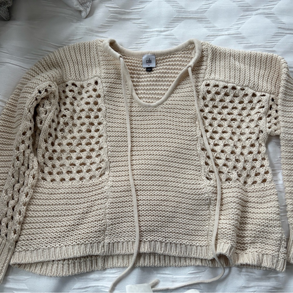CAbi Sandbar Pullover Cream Open-Knit Sweater